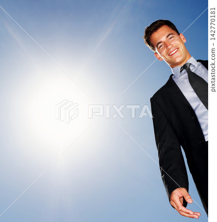 Businessman, blue sky and portrait with sunshine or smile for career, lawyer or advocate for justice. Male attorney, outdoor and summer with mockup or low angle, happiness for job with legal aid Businessman, blue sky and portrait with sunshine or smile for career, lawyer or advocate for justice. Male attorney, outdoor and summer with mockup or low angle, happiness for job with legal aid 142770181