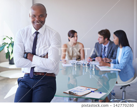 Business, arms crossed or portrait of happy man in meeting for finance report, teamwork or planning project. Smile, collaboration or accountant with financial advisors, confidence or pride in office Business, arms crossed or portrait of happy man in meeting for finance report, teamwork or planning project. Smile, collaboration or accountant with financial advisors, confidence or pride in office 142770280