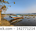 Fishing boat on rocky shallow sea near trees 142771214