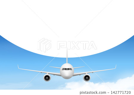 Airplane Banner Vector Illustration. Airplane Travel, Passenger Airplane Front View with Blue Sky and Blank Copy Space for Travel Banner, Aviation Poster, Tourism Ad, Flight Promotion, Template Design Airplane Banner Vector Illustration. Airplane Travel, Passenger Airplane Front View with Blue Sky and Blank Copy Space for Travel Banner, Aviation Poster, Tourism Ad, Flight Promotion, Template Design 142771720