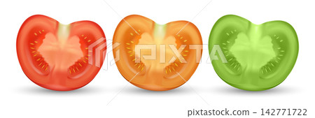 Tomato Slice Vector Illustration. 3d Tomato Slice Set. Red Orange and Green Tomato Slices for Food, Salad, Cooking, Ingredient, Kitchen, Recipe, Healthy Vegetable Design. Front View Tomato Slice Vector Illustration. 3d Tomato Slice Set. Red Orange and Green Tomato Slices for Food, Salad, Cooking, Ingredient, Kitchen, Recipe, Healthy Vegetable Design. Front View 142771722