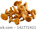 Chanterelle mushrooms grouped on white background for culinary use 142772421