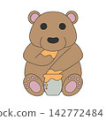 An illustration of a cute bear happily licking honey from a jar. 142772484