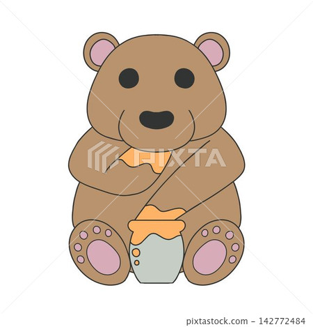 An illustration of a cute bear happily licking honey from a jar. An illustration of a cute bear happily licking honey from a jar. 142772484