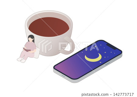 一幅等距插圖,描繪了一位放鬆的女性倚靠在一個大咖啡杯上,手持一部顯示夜空的智慧型手機。 一幅等距插圖,描繪了一位放鬆的女性倚靠在一個大咖啡杯上,手持一部顯示夜空的智慧型手機。 142773717
