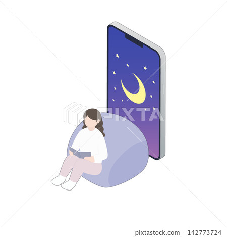 一幅等距視角插圖,描繪了一位女士放鬆地用智慧型手機查看夜空的情景。 一幅等距視角插圖,描繪了一位女士放鬆地用智慧型手機查看夜空的情景。 142773724