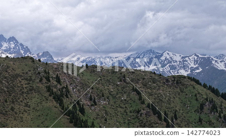 Snow-capped mountains and green hills under cloudy sky in Central Asia 142774023