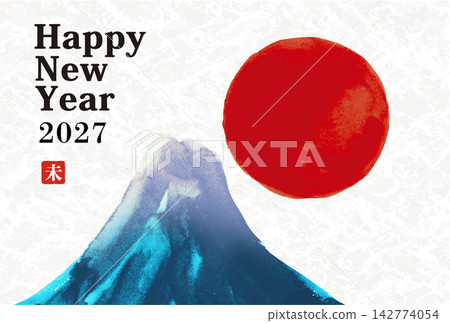 New Year's Card Design 2027 Year of the Sheep New Year's Card Template with Hand-Drawn Japanese Style Brush Illustration of the First Sunrise and Mt. Fuji New Year's Card Design 2027 Year of the Sheep New Year's Card Template with Hand-Drawn Japanese Style Brush Illustration of the First Sunrise and Mt. Fuji 142774054