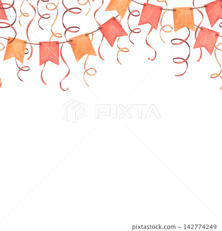Seamless horizontal border with two strings of paper bunting flags, serpentine ribbons. Hand-drawn watercolor illustration isolated on a white background. Ideal for holiday, birthday cards and decor. 142774249