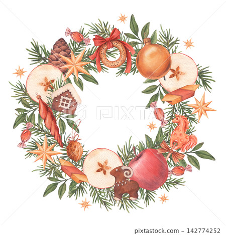 Rich Christmas wreath with vintage ornaments, sweets, apples, sushki, and spruce branches. Hand-drawn watercolor illustration isolated on a white background. Ideal for Christmas cards, posters, decor Rich Christmas wreath with vintage ornaments, sweets, apples, sushki, and spruce branches. Hand-drawn watercolor illustration isolated on a white background. Ideal for Christmas cards, posters, decor 142774252
