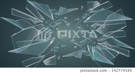 Transparent glass fragments shattering and breaking apart creating a dynamic abstract background Transparent glass fragments shattering and breaking apart creating a dynamic abstract background 142774584