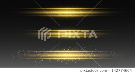 Golden glowing light effect creating horizontal lines with sparkling particles on a transparent background Golden glowing light effect creating horizontal lines with sparkling particles on a transparent background 142774604