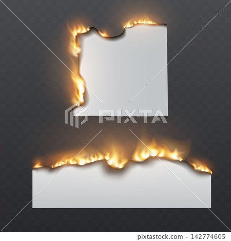 Paper document burning with orange flames and smoke, creating a blank space for text 142774605