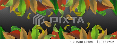 Colorful autumn leaves floating on a dark textured background, forming a decorative border Colorful autumn leaves floating on a dark textured background, forming a decorative border 142774606