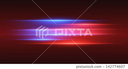 Abstract colorful light streaks glowing on a dark red background, creating a dynamic energy effect 142774607