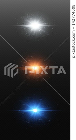Three different colored glowing light effect flares with sparkling particles Three different colored glowing light effect flares with sparkling particles 142774609