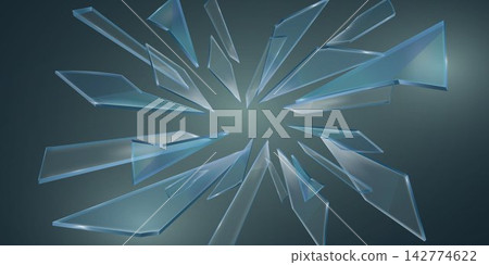 Glass fragments breaking and scattering, creating an abstract shatter explosion effect Glass fragments breaking and scattering, creating an abstract shatter explosion effect 142774622