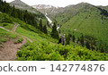 Hiker ascending mountain trail surrounded by lush greenery and peaks Hiker ascending mountain trail surrounded by lush greenery and peaks 142774876