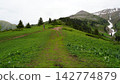 Hiker on a grassy hill with mountains and snow in the background Hiker on a grassy hill with mountains and snow in the background 142774879