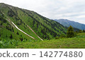 Lush green mountain landscape with winding path and distant peaks Lush green mountain landscape with winding path and distant peaks 142774880