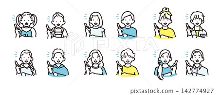 Simple illustration set of icons of smiling boys and girls of various ages pointing. Vector illustration. Simple illustration set of icons of smiling boys and girls of various ages pointing. Vector illustration. 142774927