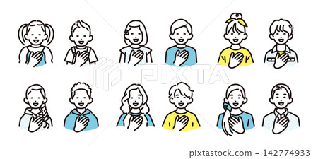 Simple illustration: A set of vector icons of boys and girls of various ages smiling and placing their hands on their chests. Simple illustration: A set of vector icons of boys and girls of various ages smiling and placing their hands on their chests. 142774933