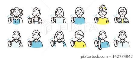 一組簡單的插圖圖標，描繪了不同年齡的男孩和女孩緊握雙拳，展現出堅定的決心。 142774943