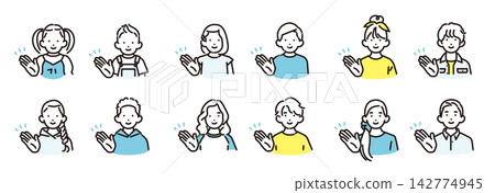 簡單的插圖:一組不同年齡的男孩女孩的圖標,他們面帶微笑,伸出手掌指引方向。 簡單的插圖:一組不同年齡的男孩女孩的圖標,他們面帶微笑,伸出手掌指引方向。 142774945