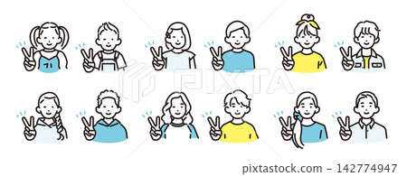 一套簡單的插畫圖標,描繪了不同年齡的男孩女孩做出和平手勢和眨眼的場景。 一套簡單的插畫圖標,描繪了不同年齡的男孩女孩做出和平手勢和眨眼的場景。 142774947