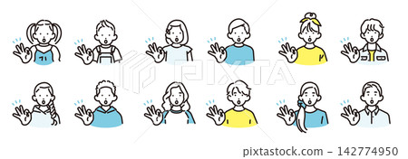 簡單插圖:一組不同年齡的男孩和女孩做出 OK 手勢的向量圖示。 簡單插圖:一組不同年齡的男孩和女孩做出 OK 手勢的向量圖示。 142774950