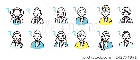 簡單的插圖：一組不同年齡的男孩和女孩的圖標，他們用手指放在嘴上，露出疑惑的表情。 142774951