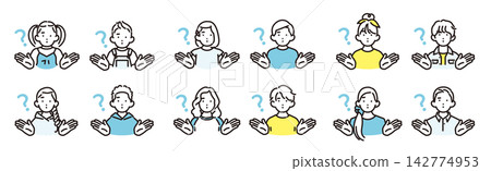 簡單的插圖:一組不同年齡的男孩和女孩的圖標,他們張開雙臂,露出疑惑的表情。 簡單的插圖:一組不同年齡的男孩和女孩的圖標,他們張開雙臂,露出疑惑的表情。 142774953