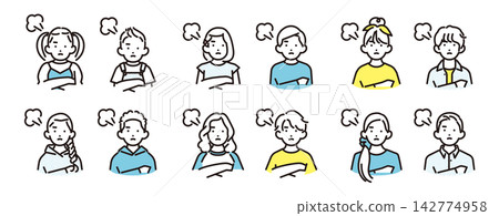 簡單插圖:一組不同年齡的男孩和女孩的向量圖標,他們都交叉雙臂,看起來非常生氣。 簡單插圖:一組不同年齡的男孩和女孩的向量圖標,他們都交叉雙臂,看起來非常生氣。 142774958