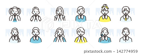 簡單插圖:一組不同年齡的男孩和女孩的向量圖標,他們都因恐懼而緊握雙臂。 簡單插圖:一組不同年齡的男孩和女孩的向量圖標,他們都因恐懼而緊握雙臂。 142774959