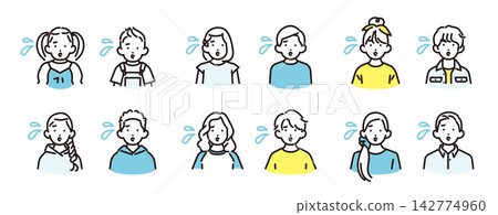 Simple illustration: A set of vector icons of boys and girls of various ages looking confused and sweating. Simple illustration: A set of vector icons of boys and girls of various ages looking confused and sweating. 142774960