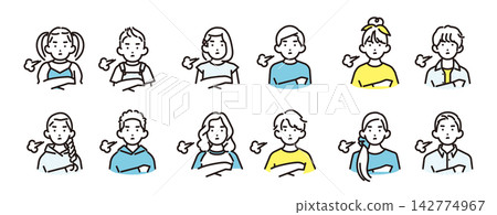 簡單的插圖:一組不同年齡的男孩和女孩的圖標,他們雙臂交叉,無奈地嘆著氣。 簡單的插圖:一組不同年齡的男孩和女孩的圖標,他們雙臂交叉,無奈地嘆著氣。 142774967