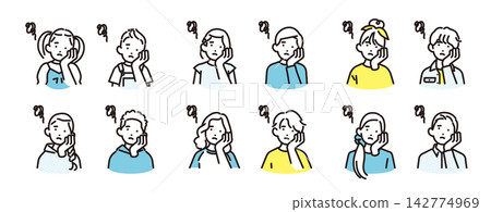 簡單插圖:一組不同年齡的男孩女孩的向量圖標,他們雙手摀著臉頰,看起來很煩惱。 簡單插圖:一組不同年齡的男孩女孩的向量圖標,他們雙手摀著臉頰,看起來很煩惱。 142774969