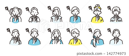 簡單插圖:一組不同年齡的男孩女孩的向量圖標,他們手指放在嘴上,看起來很煩惱。 簡單插圖:一組不同年齡的男孩女孩的向量圖標,他們手指放在嘴上,看起來很煩惱。 142774973