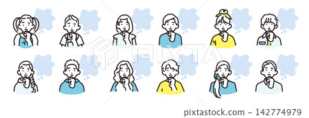 Simple illustrations: A set of icons of boys and girls of various ages thinking with thought bubbles floating above their heads. Simple illustrations: A set of icons of boys and girls of various ages thinking with thought bubbles floating above their heads. 142774979