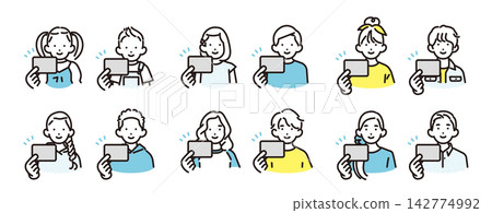 Simple illustration icon set of boys and girls of various ages showing identification cards and other cards. Simple illustration icon set of boys and girls of various ages showing identification cards and other cards. 142774992