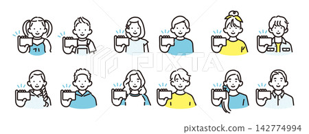 Simple illustrations: Icon set of boys and girls of various ages smiling and showing identification cards or other cards. 142774994