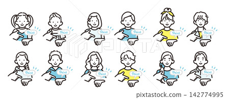 Simple illustration icon set of boys and girls of various ages pointing and explaining points. Simple illustration icon set of boys and girls of various ages pointing and explaining points. 142774995