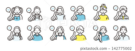 Simple Illustration Icon Set of Boys and Girls of Various Ages Smiling and Pointing to Checkmarks Simple Illustration Icon Set of Boys and Girls of Various Ages Smiling and Pointing to Checkmarks 142775002