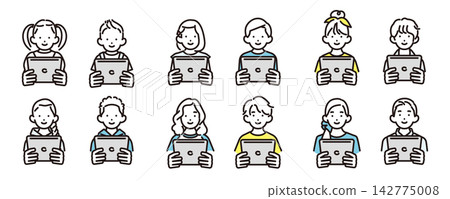 Simple illustrations: A set of vector icons of boys and girls of various ages smiling and looking at tablets. Simple illustrations: A set of vector icons of boys and girls of various ages smiling and looking at tablets. 142775008