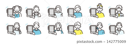 Simple illustration icon set of boys and girls of various ages showing tablet screens. Simple illustration icon set of boys and girls of various ages showing tablet screens. 142775009