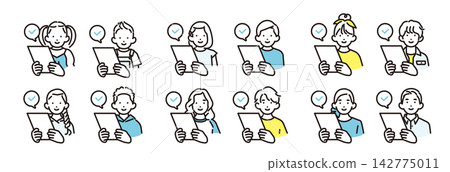 Simple illustrations: A set of icons of boys and girls of various ages checking the contents of prints and documents. 142775011