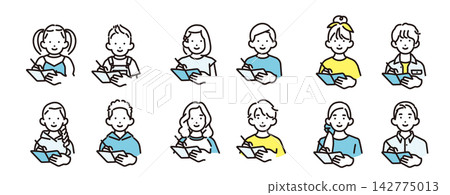 簡單插圖:一組向量圖標,描繪了不同年齡面帶微笑的男孩和女孩在做筆記。 簡單插圖:一組向量圖標,描繪了不同年齡面帶微笑的男孩和女孩在做筆記。 142775013