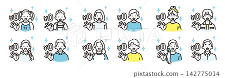 簡單的插圖：一組不同年齡的男孩和女孩的圖標，用“0 日元”字樣和 OK 符號表示“免費”。 142775014