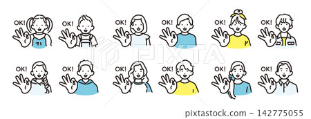 簡單的插圖：一組不同年齡的男孩和女孩做出微笑的 OK 手勢的向量圖示。 142775055