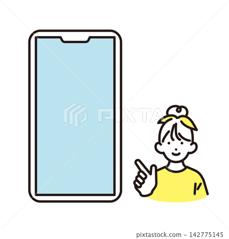 簡圖:一名小學生女孩指著智慧型手機螢幕(向量圖) 簡圖:一名小學生女孩指著智慧型手機螢幕(向量圖) 142775145